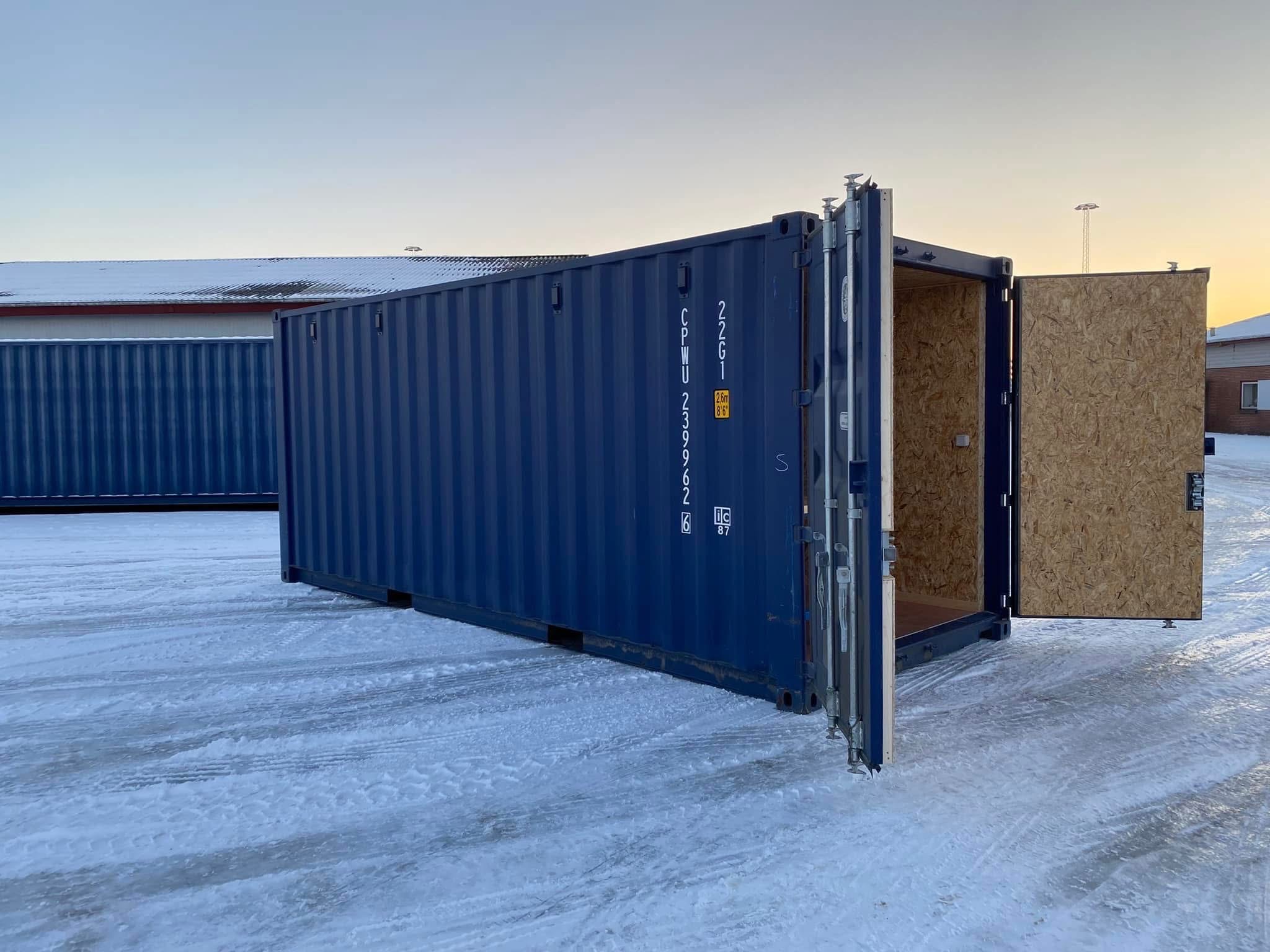20 fots blå isolerad container sidavisning åben dør