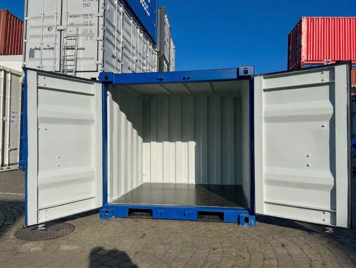 6 fots container blå åben dør